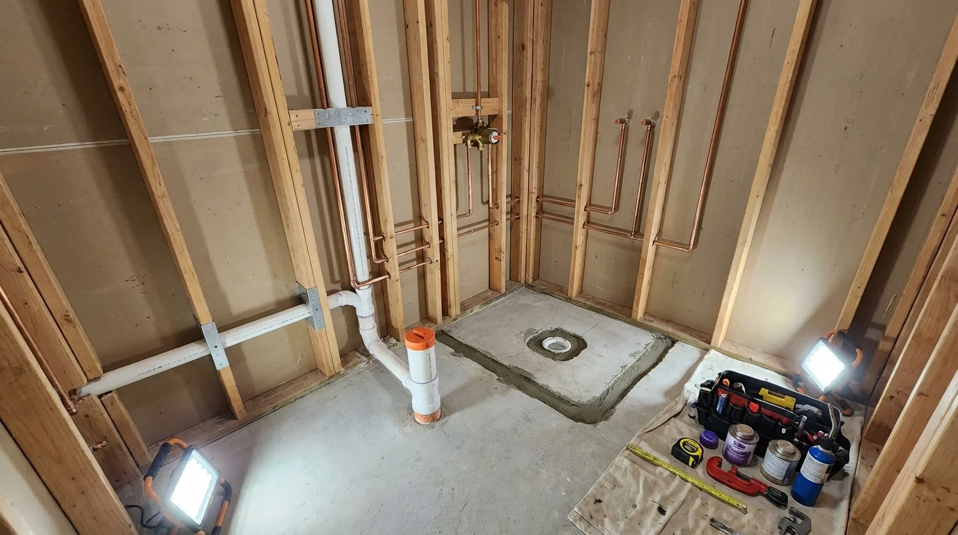Bathroom rough-in plumbing during remodel by Johns Plumbing LLC in Brodheadsville