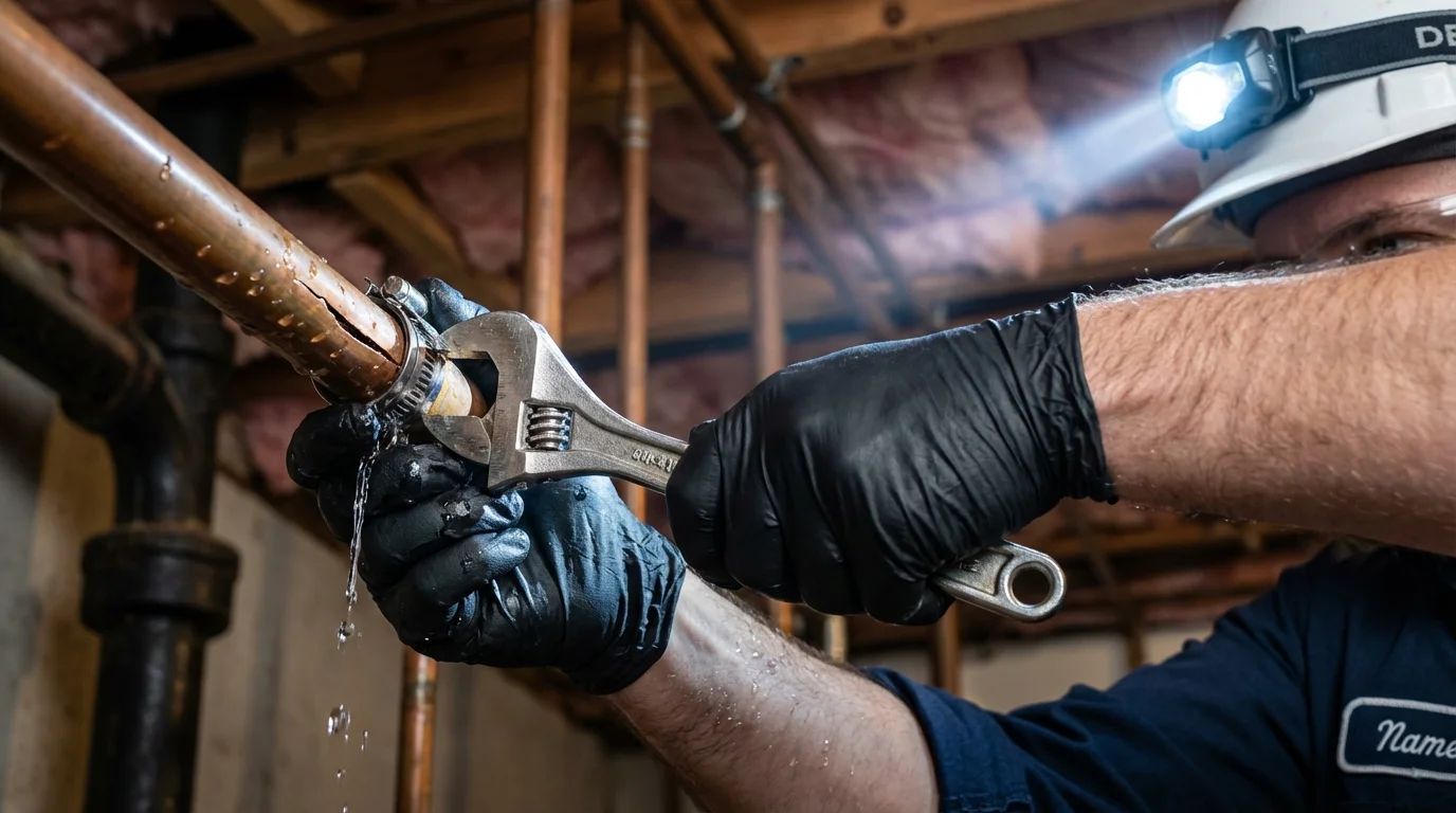 Emergency pipe clamp repair being performed by a Johns Plumbing LLC plumber in Brodheadsville