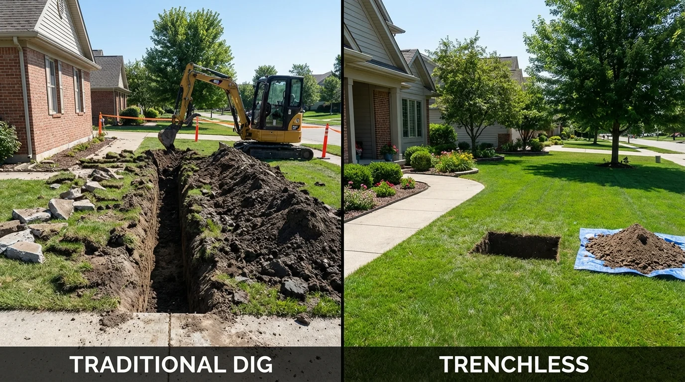 Trenchless sewer repair with minimal yard damage versus traditional excavation in Brodheadsville, PA