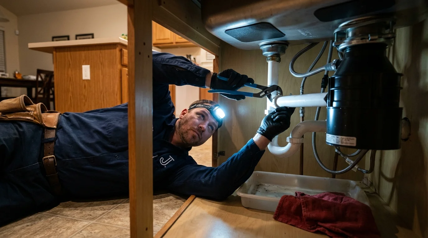 P-trap and supply line connections under a kitchen sink showing a common leak point in Brodheadsville, PA
